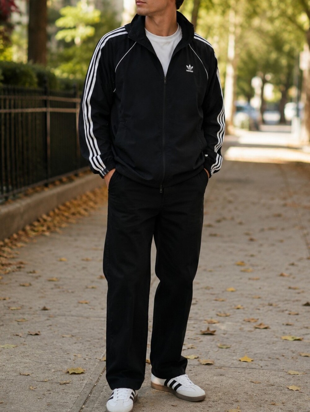 Adidas Originals Black 3-Stripes Full Zip Windbreaker Track Jacket